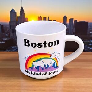 Vintage 80s Boston Skyline Rainbow Mug Papel Pride Souvenir Coffee Cup Retro